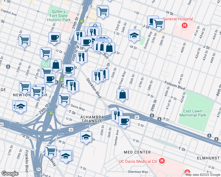 map of restaurants, bars, coffee shops, grocery stores, and more near 1641 35th Street in Sacramento