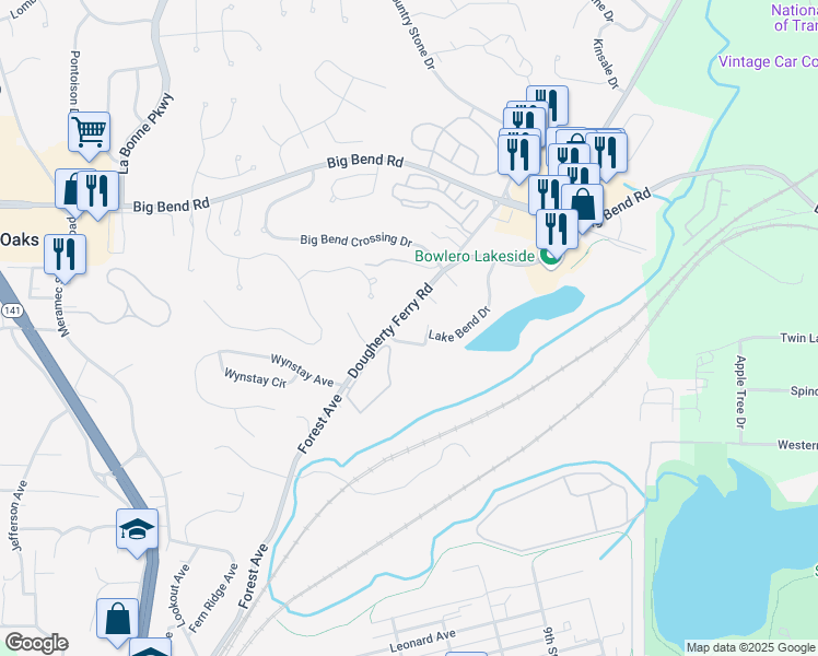 map of restaurants, bars, coffee shops, grocery stores, and more near 3380 Lake Bend Drive in Valley Park