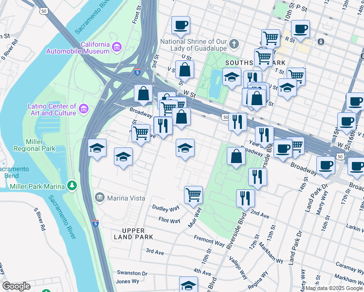 map of restaurants, bars, coffee shops, grocery stores, and more near 801 1st Avenue in Sacramento
