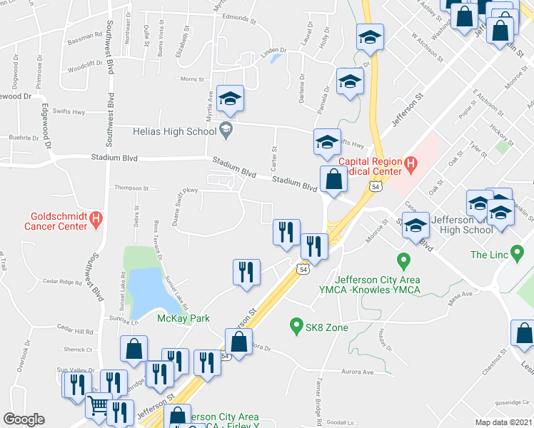 map of restaurants, bars, coffee shops, grocery stores, and more near 1221 Southgate Lane in Jefferson City