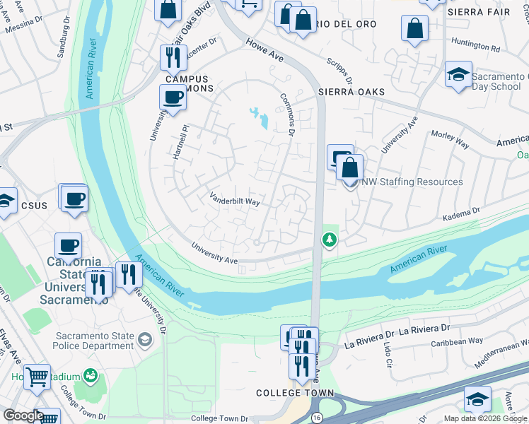 map of restaurants, bars, coffee shops, grocery stores, and more near 1275 Vanderbilt Way in Sacramento