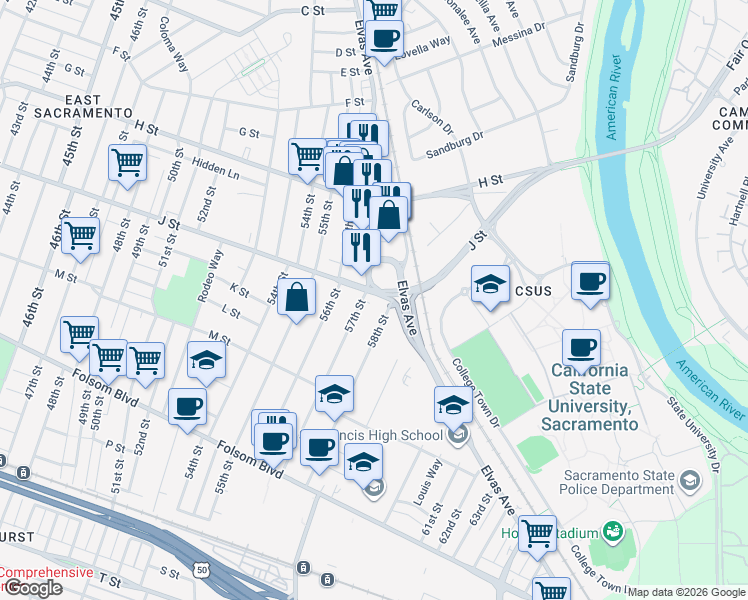 map of restaurants, bars, coffee shops, grocery stores, and more near 1049 57th Street in Sacramento
