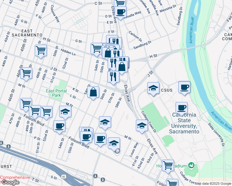 map of restaurants, bars, coffee shops, grocery stores, and more near 1049 57th Street in Sacramento
