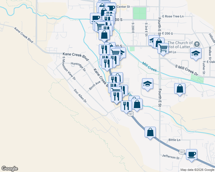 map of restaurants, bars, coffee shops, grocery stores, and more near 62 Cedar Avenue in Moab
