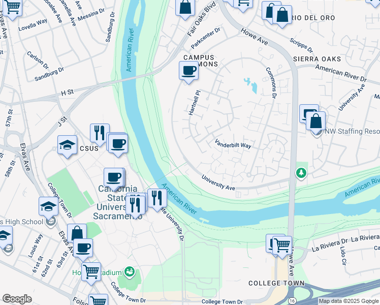 map of restaurants, bars, coffee shops, grocery stores, and more near 310 Elmhurst Circle in Sacramento