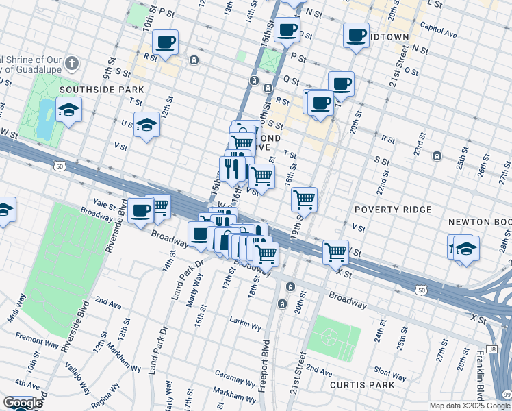 map of restaurants, bars, coffee shops, grocery stores, and more near 1709 W Street in Sacramento