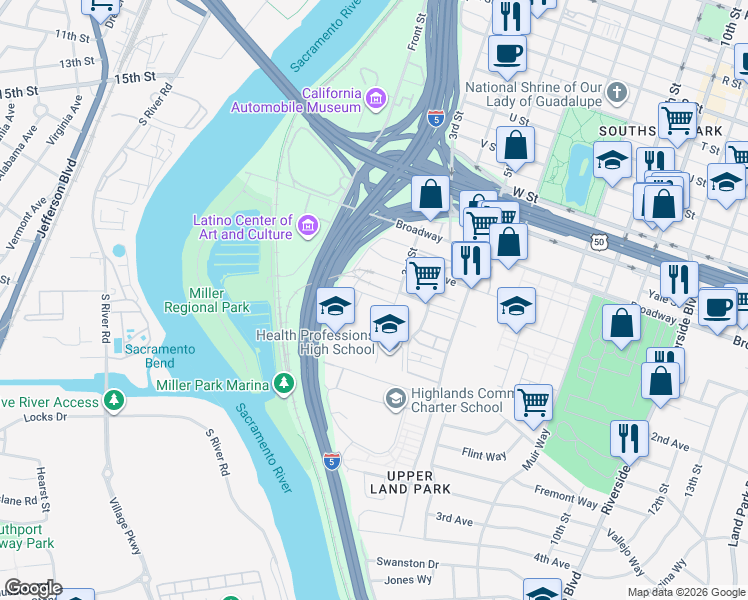 map of restaurants, bars, coffee shops, grocery stores, and more near in Sacramento