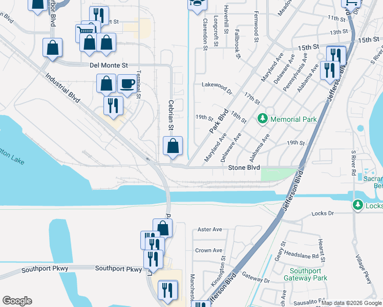 map of restaurants, bars, coffee shops, grocery stores, and more near 2150 Stone Boulevard in West Sacramento