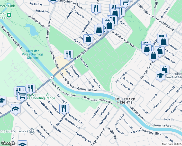 map of restaurants, bars, coffee shops, grocery stores, and more near 4697 Primm Street in St. Louis