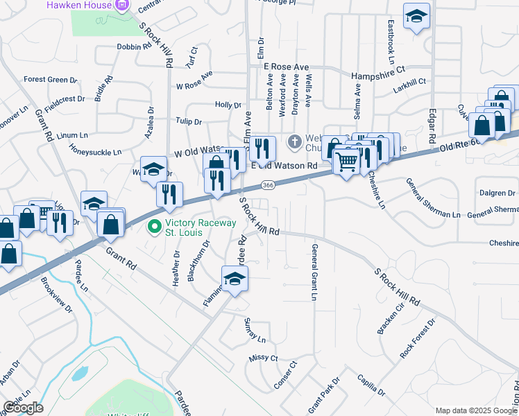 map of restaurants, bars, coffee shops, grocery stores, and more near 8700 Garden Rock Drive in St. Louis