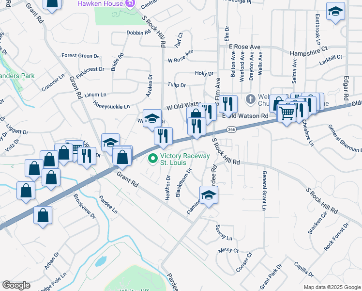 map of restaurants, bars, coffee shops, grocery stores, and more near 56 Heather Drive in St. Louis