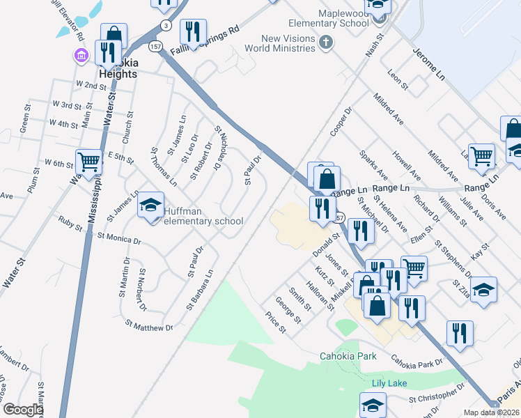 map of restaurants, bars, coffee shops, grocery stores, and more near 124 Saint Barbara Lane in Cahokia