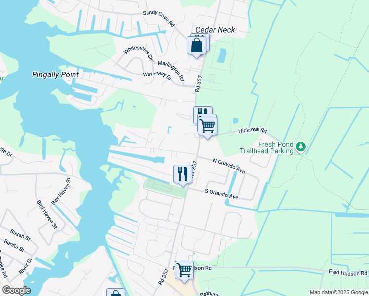 map of restaurants, bars, coffee shops, grocery stores, and more near 38139 Piney Point Road in Ocean View