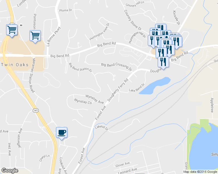 map of restaurants, bars, coffee shops, grocery stores, and more near Charleston Place Court in Valley Park
