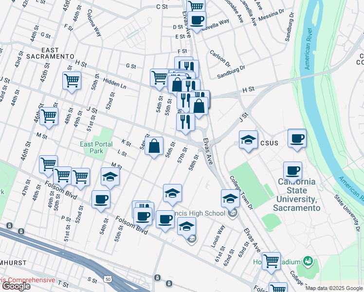 map of restaurants, bars, coffee shops, grocery stores, and more near 1049 57th Street in Sacramento