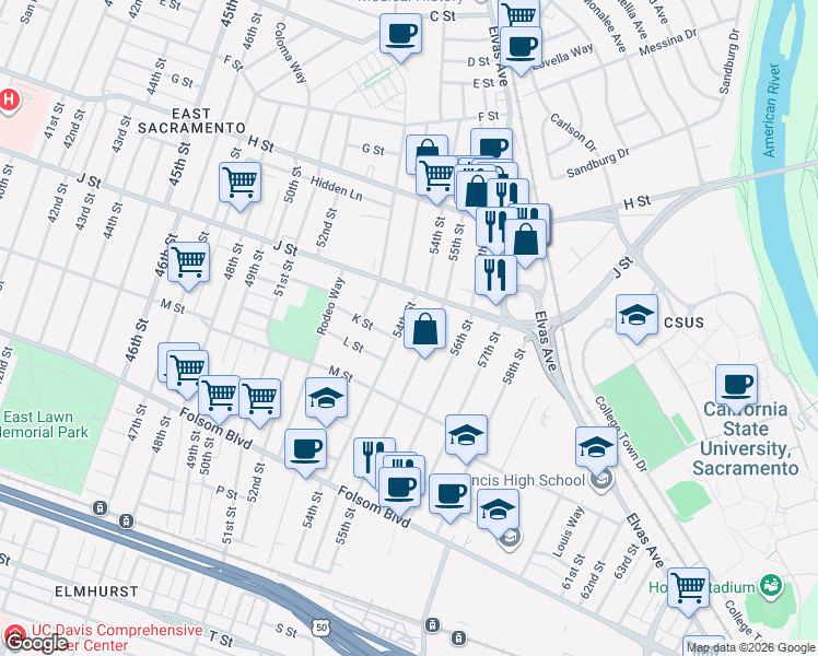 map of restaurants, bars, coffee shops, grocery stores, and more near 1110 55th Street in Sacramento