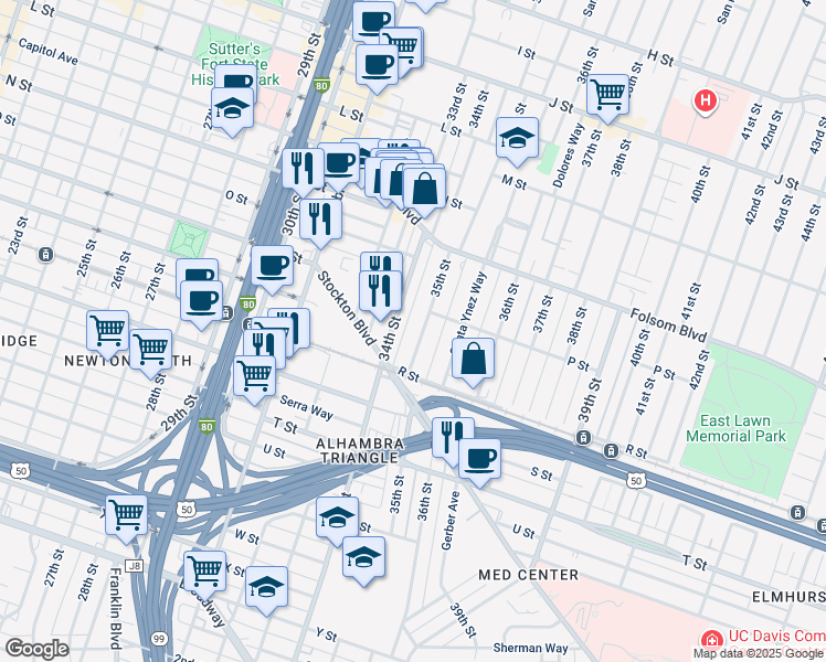 map of restaurants, bars, coffee shops, grocery stores, and more near 1729 35th Street in Sacramento
