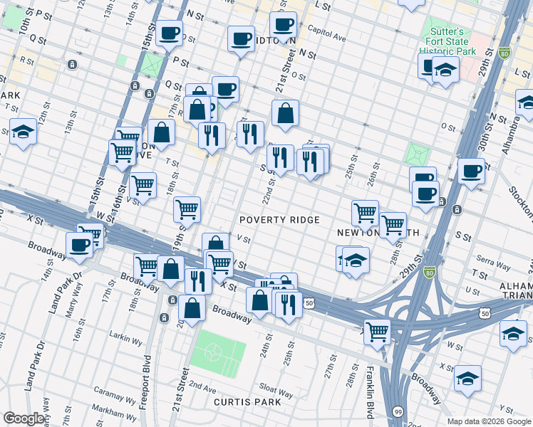 map of restaurants, bars, coffee shops, grocery stores, and more near 2212 U Street in Sacramento