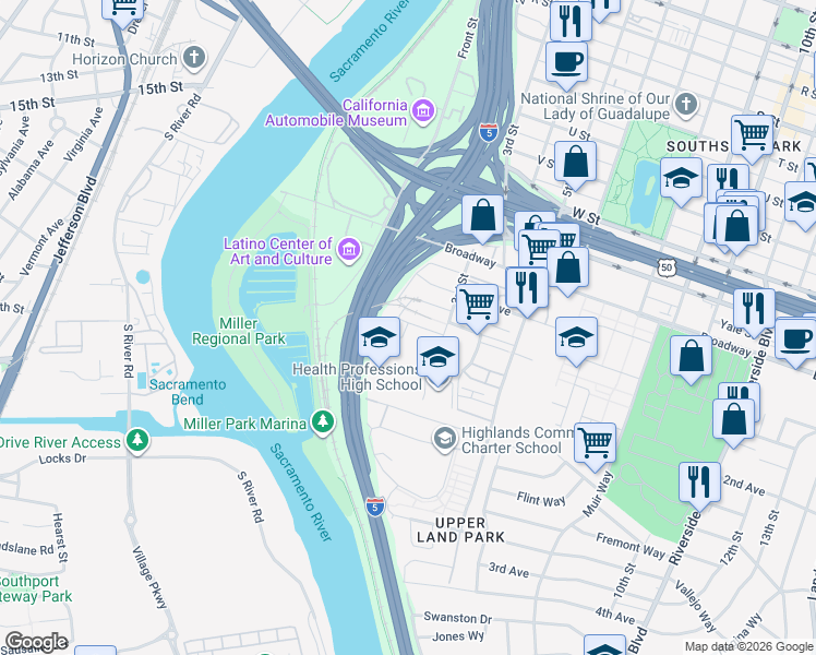 map of restaurants, bars, coffee shops, grocery stores, and more near in Sacramento