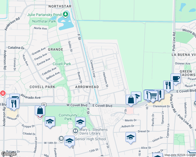 map of restaurants, bars, coffee shops, grocery stores, and more near 901 Jacobsen Lane in Davis