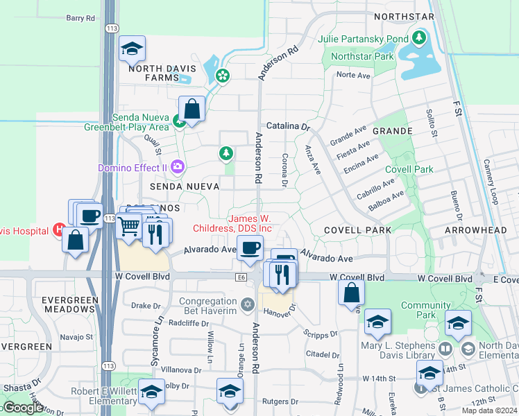 map of restaurants, bars, coffee shops, grocery stores, and more near 688 Bianco Court in Davis