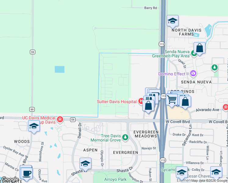map of restaurants, bars, coffee shops, grocery stores, and more near 39660 West Covell Boulevard in Davis