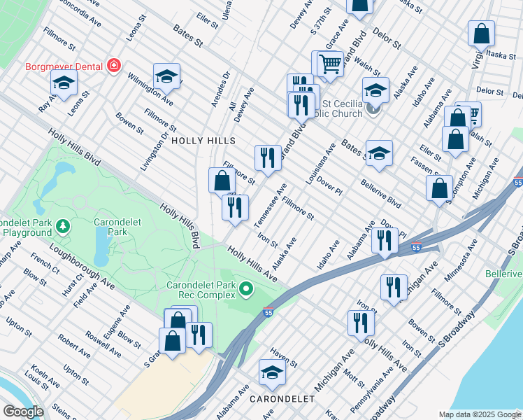 map of restaurants, bars, coffee shops, grocery stores, and more near 6141 Louisiana Avenue in St. Louis