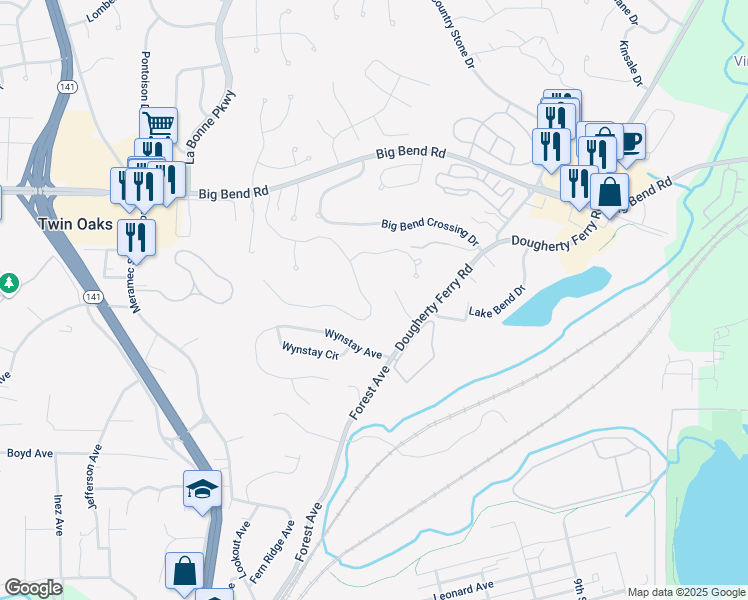map of restaurants, bars, coffee shops, grocery stores, and more near 1006 Big Bend Station Drive in Valley Park