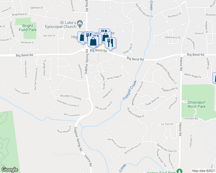 map of restaurants, bars, coffee shops, grocery stores, and more near 708 Ridgeside Drive in Ballwin