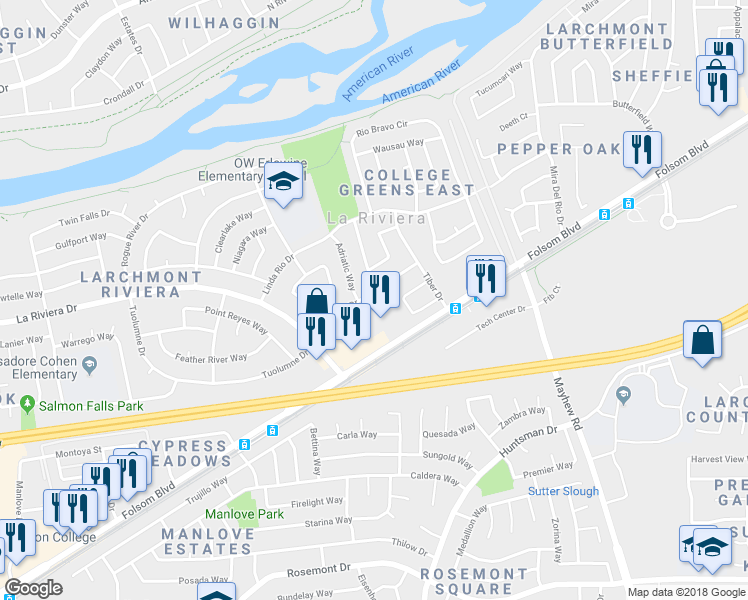 map of restaurants, bars, coffee shops, grocery stores, and more near 9208 Vancouver Drive in Sacramento
