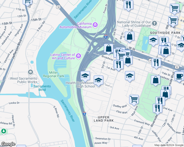 map of restaurants, bars, coffee shops, grocery stores, and more near in Sacramento