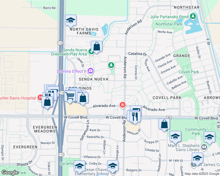 map of restaurants, bars, coffee shops, grocery stores, and more near 2400 Madrid Court in Davis
