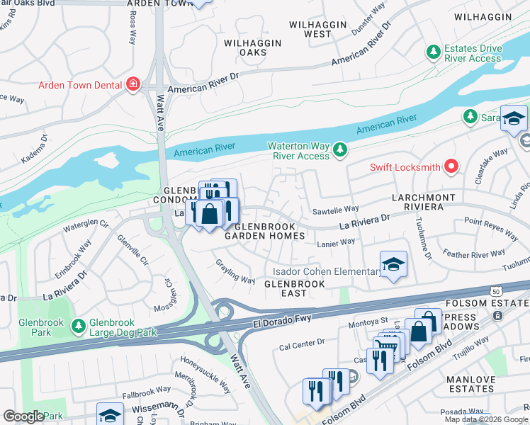 map of restaurants, bars, coffee shops, grocery stores, and more near 8832 La Riviera Drive in Sacramento