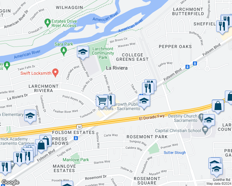 map of restaurants, bars, coffee shops, grocery stores, and more near 9208 Vancouver Drive in Sacramento