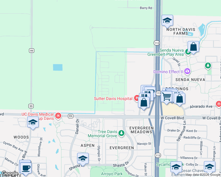 map of restaurants, bars, coffee shops, grocery stores, and more near 39660 West Covell Boulevard in Davis