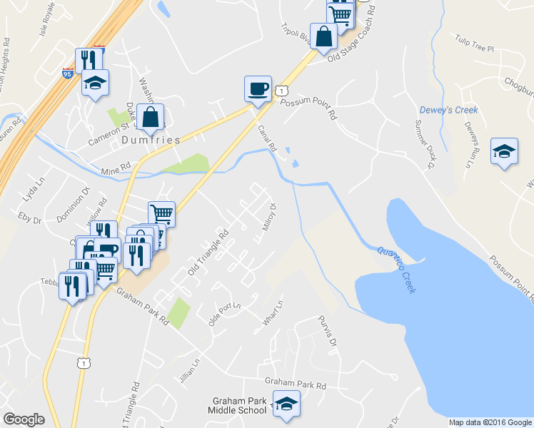 map of restaurants, bars, coffee shops, grocery stores, and more near 17904 Milroy Drive in Dumfries
