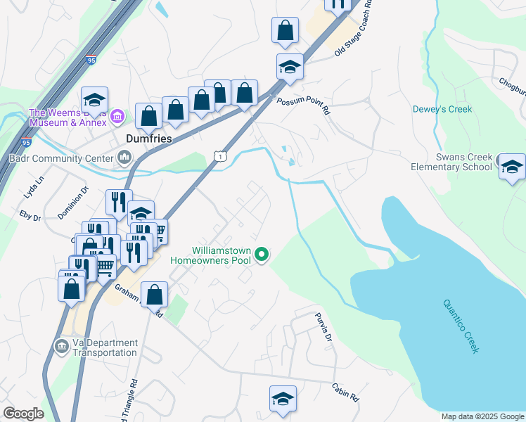 map of restaurants, bars, coffee shops, grocery stores, and more near 17904 Milroy Drive in Dumfries