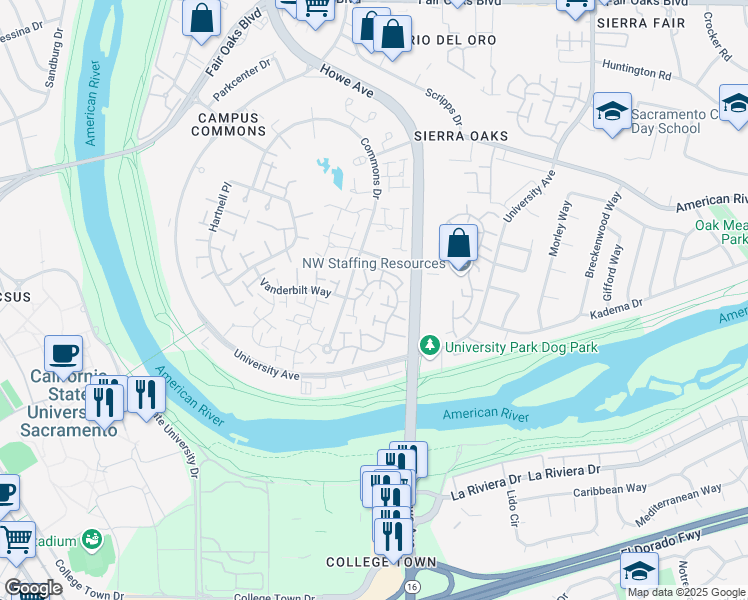 map of restaurants, bars, coffee shops, grocery stores, and more near 208 Dunbarton Circle in Sacramento