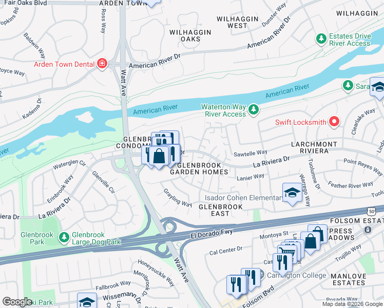 map of restaurants, bars, coffee shops, grocery stores, and more near 8824 La Riviera Drive in Sacramento