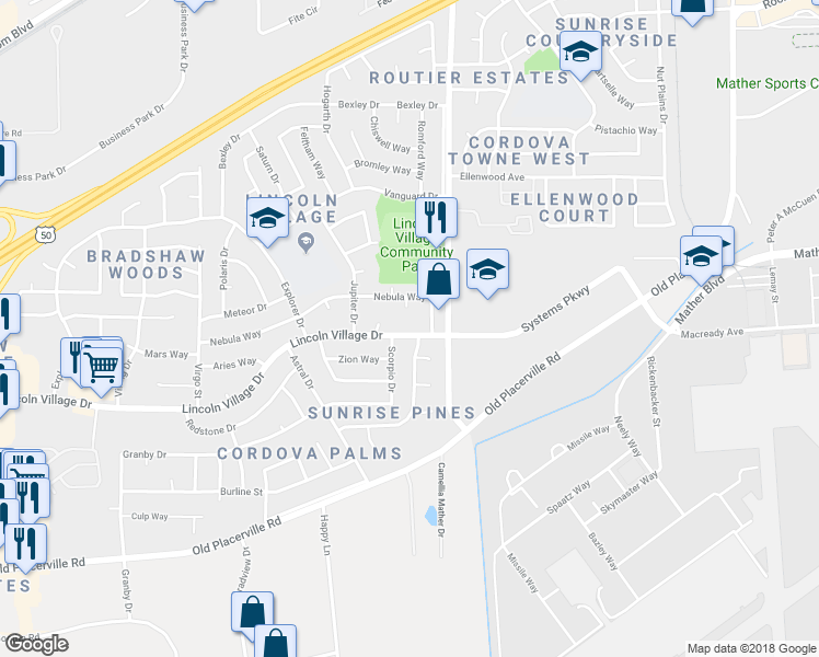 map of restaurants, bars, coffee shops, grocery stores, and more near 3509 Scorpio Drive in Sacramento