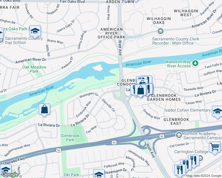 map of restaurants, bars, coffee shops, grocery stores, and more near 8616 La Riviera Drive in Sacramento
