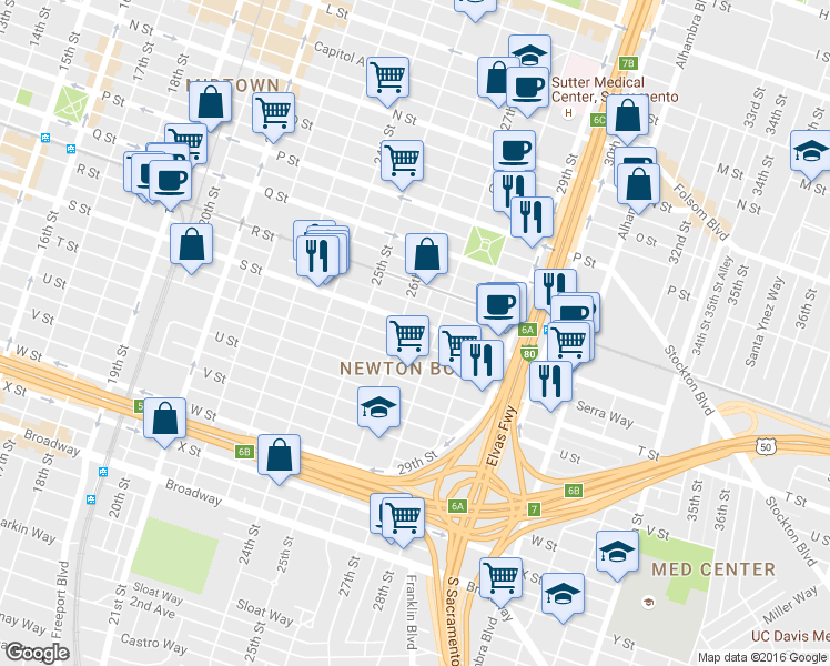 map of restaurants, bars, coffee shops, grocery stores, and more near 2615 T Street in Sacramento