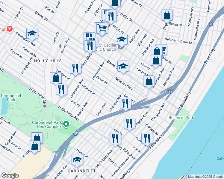 map of restaurants, bars, coffee shops, grocery stores, and more near 800 Wilmington Avenue in St. Louis