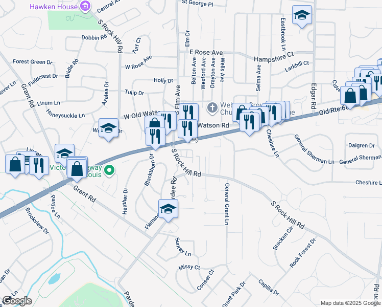 map of restaurants, bars, coffee shops, grocery stores, and more near 8515 Hilltop Place Court in Affton