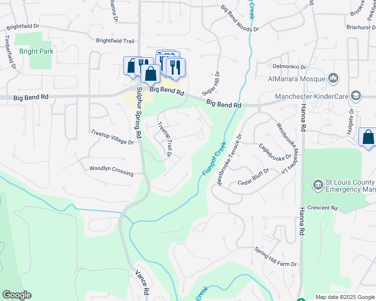 map of restaurants, bars, coffee shops, grocery stores, and more near 725 Ridgeside Drive in Ballwin