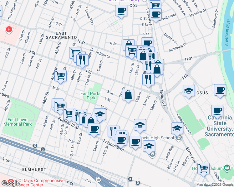 map of restaurants, bars, coffee shops, grocery stores, and more near 5327 L Street in Sacramento