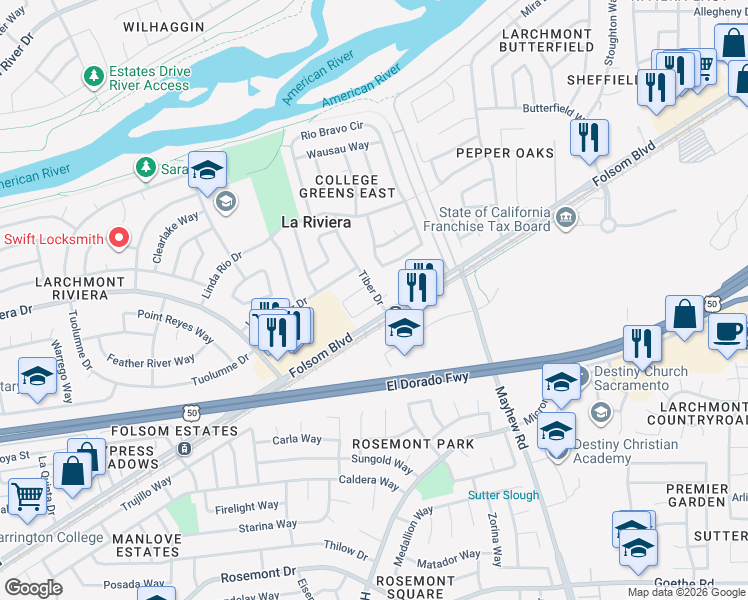 map of restaurants, bars, coffee shops, grocery stores, and more near 9272 Corinthian Circle in Sacramento