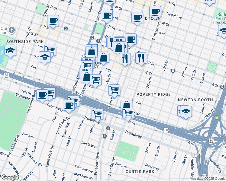 map of restaurants, bars, coffee shops, grocery stores, and more near 2030 19th Street in Sacramento
