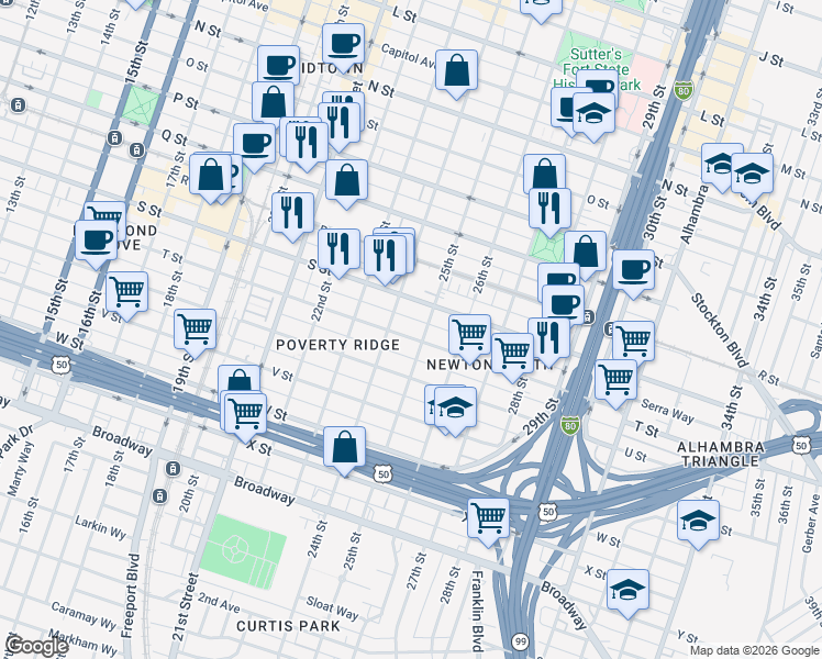 map of restaurants, bars, coffee shops, grocery stores, and more near 2423 T Street in Sacramento