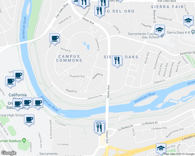 map of restaurants, bars, coffee shops, grocery stores, and more near 1359 Commons Drive in Sacramento